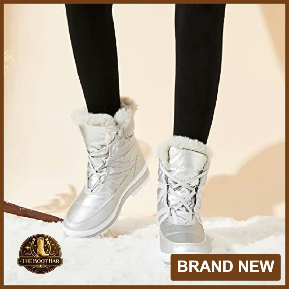 Warm Fur Lined Mid-Calf Waterproof Snow Boots Non-Slip Lace Up - Picture 7 of 8